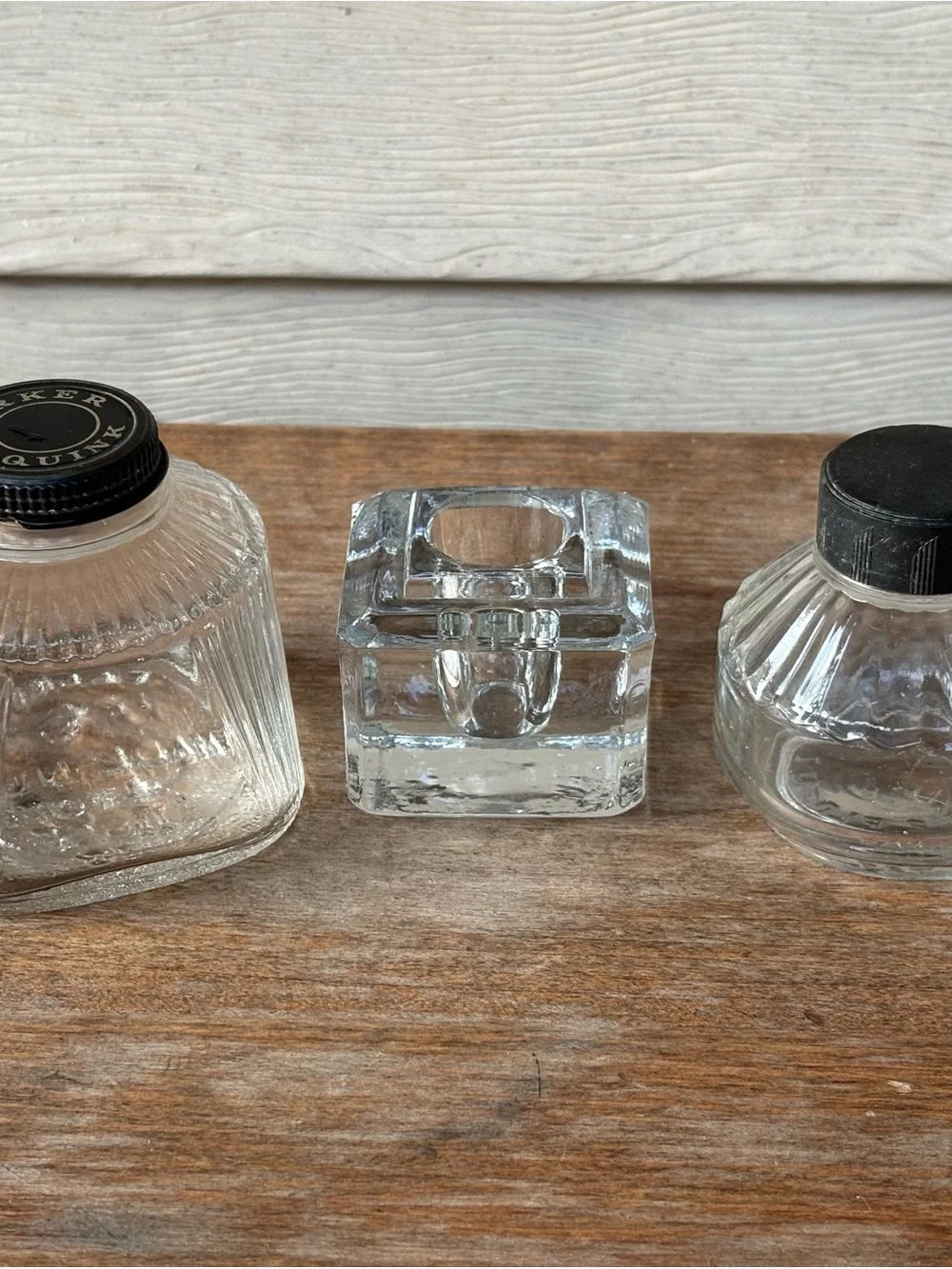 VTG 2 Parker Quink clear glass ink bottles and 1 Art Deco clear glass inkwell